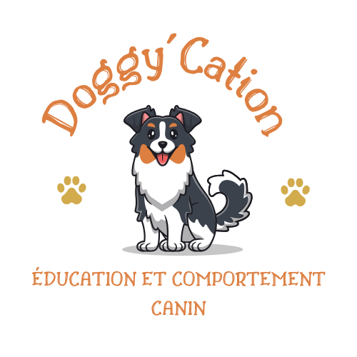 Logo de Doggy'Cation : Illustration créative représentant une formation ludique pour chiens. Conception originale mettant en avant l'apprentissage canin et le divertissement. Obtenez un aperçu de notre identité visuelle unique pour des cours de dressage innovants pour vos compagnons à quatre pattes