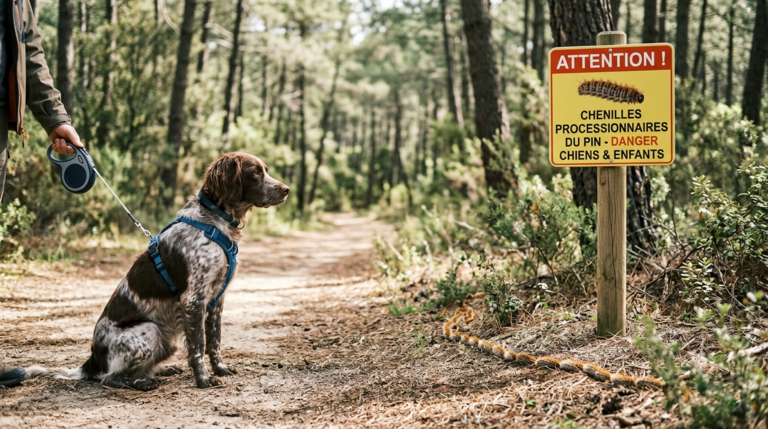 Chien tenu en laisse à distance de chenilles processionnaires