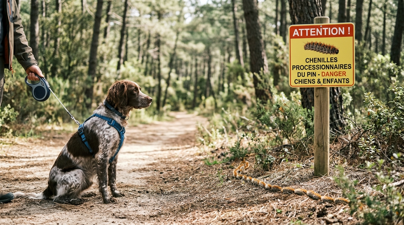 Chien tenu en laisse à distance de chenilles processionnaires