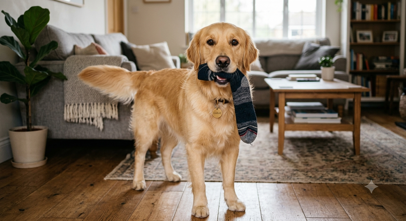 Chien tenant une chaussette dans sa gueule