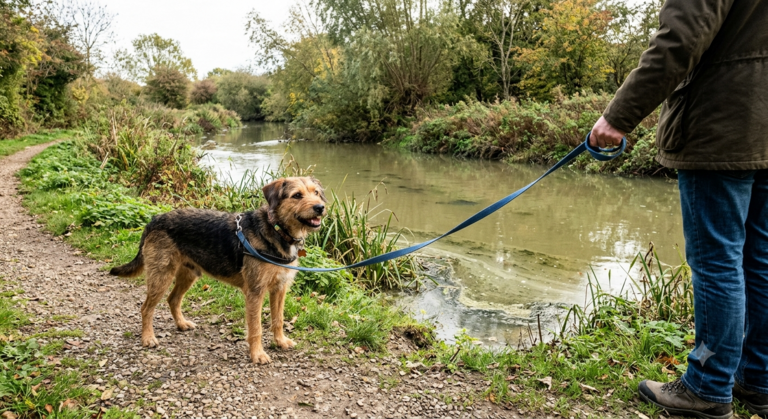 Chien tenu en laisse à distance d’un plan d’eau potentiellement contaminé