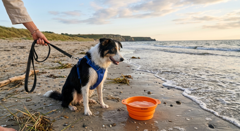 Chien à la plage avec une gamelle d’eau douce