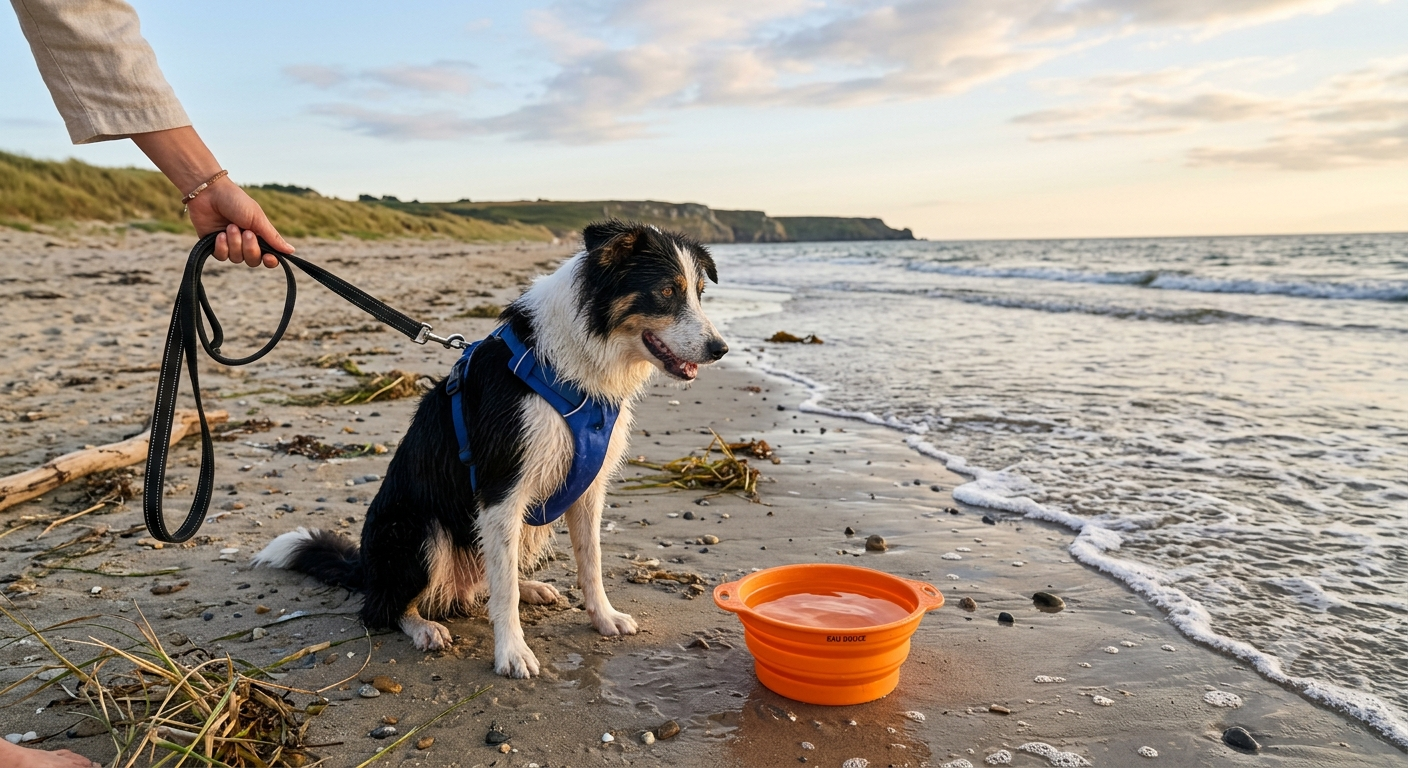 Chien à la plage avec une gamelle d’eau douce