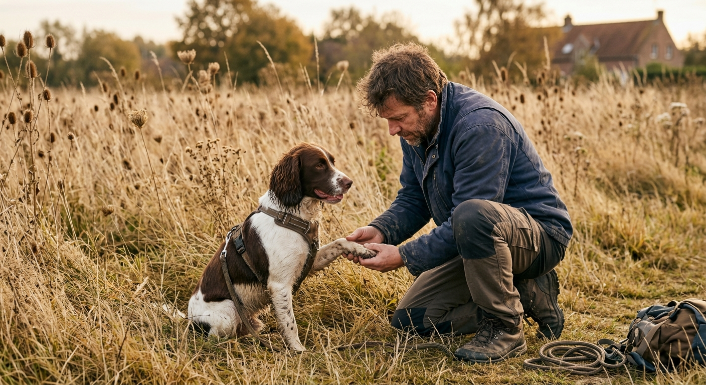 Inspection des pattes d’un chien après une promenade dans les herbes sèches