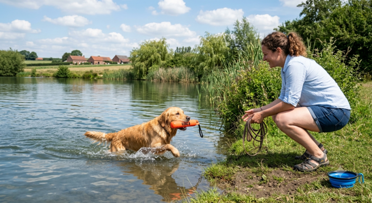 Chien surveillé pendant un jeu aquatique avec un jouet flottant