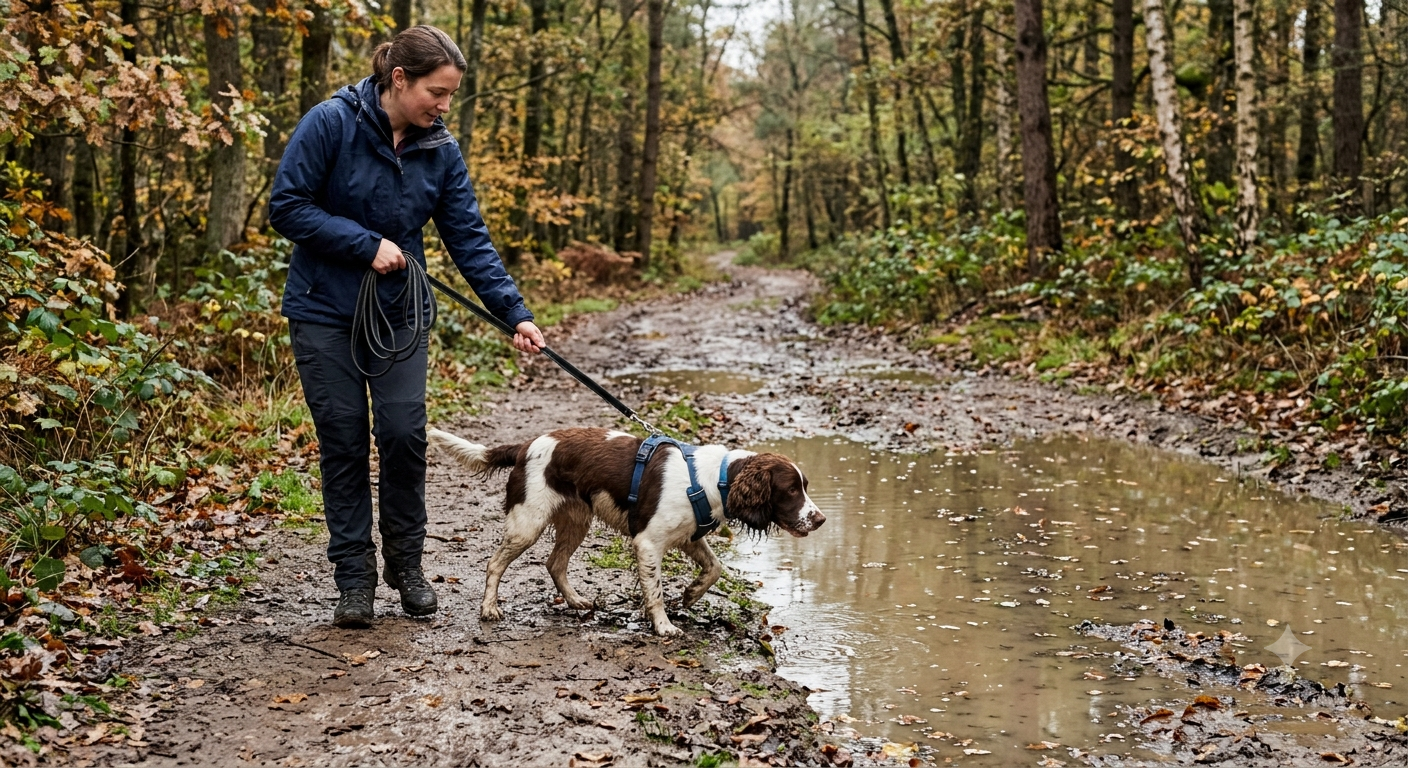 Chien tenu en laisse pour éviter qu’il boive dans une flaque
