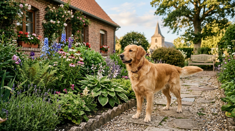 Chien dans un jardin pouvant contenir des plantes toxiques