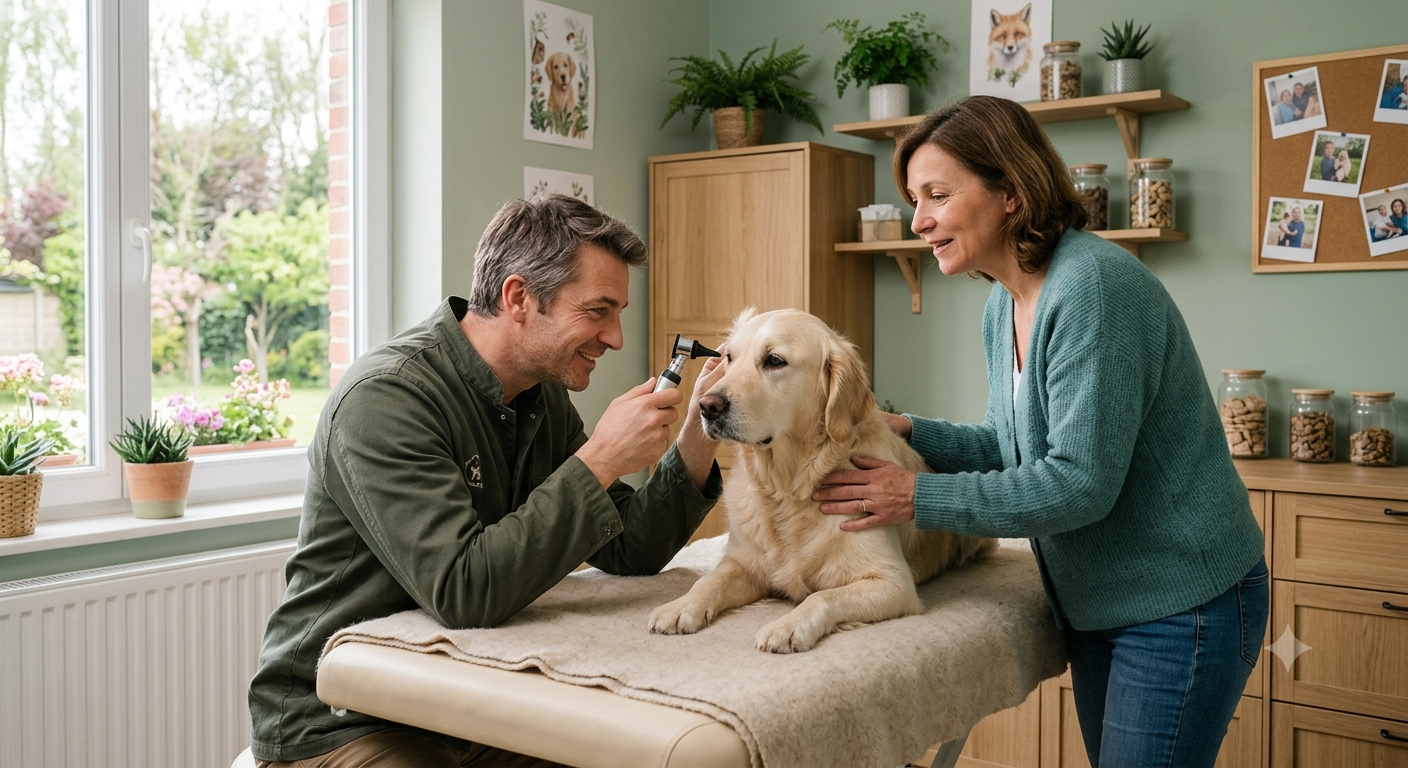 Vétérinaire examinant un chien pour prévenir les maladies transmissibles